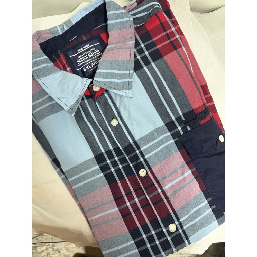 Parish Nation Mens 5X Checked Block Print SS Button Down Collar Pocket Shirt